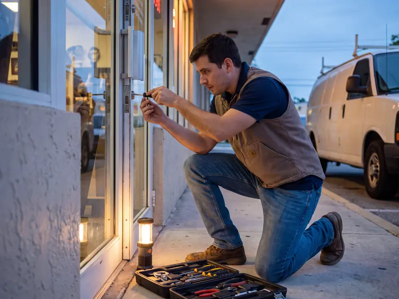Mobile locksmith working at a Miami storefront after sunset.
