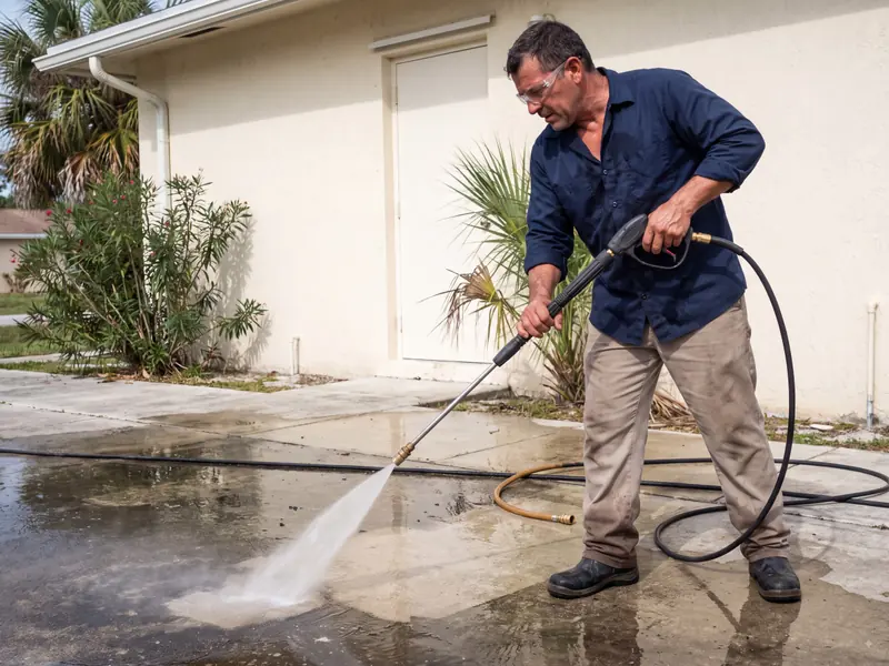 Pressure-washing technician working outside a Miami home.
